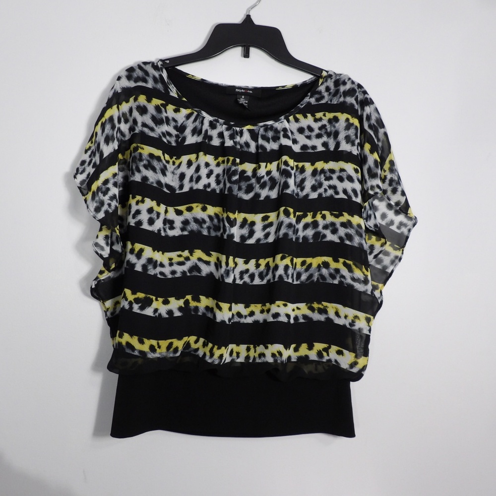 Style & Co Black Yellow Flutter Sleeve Top Size S